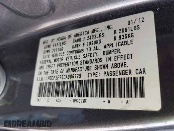 2012 Honda Accord EX with VIN 1HGCP2F76CA086729, listed as a IAAI auction lot 42088462 with 230,391 mi miles and . Bid and sale history available at DreamBid. Image 9.