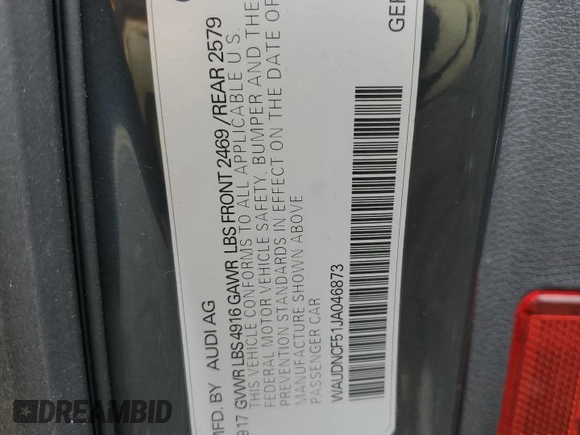 2018 Audi A5 Sportback Premium with VIN WAUDNCF51JA046873, listed as a Copart auction lot 43598815 with 43,297 mi miles and Salvage Title. Bid and sale history available at carsss.com. Image 12.