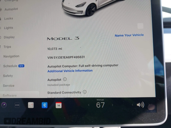 2023 Tesla Model 3 with VIN 5YJ3E1EA6PF495631, listed as a IAAI auction lot 41568118 with 10,073 mi miles and . Bid and sale history available at DreamBid. Image 7.