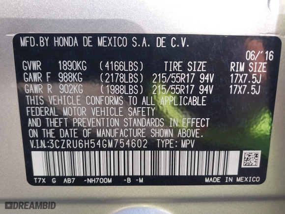 2016 Honda HR-V EX with VIN 3CZRU6H54GM754602, listed as a IAAI auction lot 41987313 with 67,940 mi miles. Bid and sale history available at carsss.com. Image 9.