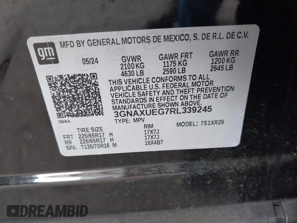 2024 Chevrolet Equinox LT with VIN 3GNAXUEG7RL339245, listed as a IAAI auction lot 42150507 with 22,621 mi miles and . Bid and sale history available at DreamBid. Image 9.