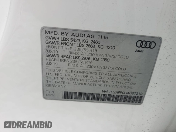 2016 Audi Q5 Premium with VIN WA1C2AFP0GA087219, listed as a Copart auction lot 50627405 with 68,964 mi miles and Salvage Title. Bid and sale history available at carsss.com. Image 13.