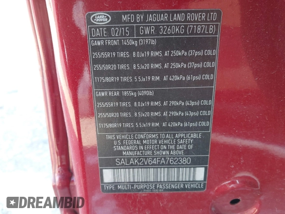 2015 Land Rover LR4 Lux with VIN SALAK2V64FA762380, listed as a IAAI auction lot 41364704 with 130,118 mi miles and . Bid and sale history available at DreamBid. Image 9.