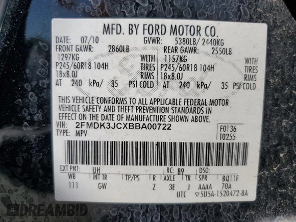 2011 Ford Edge SEL with VIN 2FMDK3JCXBBA00722, listed as a Copart auction lot 53828905 with 254,327 mi miles and Salvage Title. Bid and sale history available at carsss.com. Image 14.
