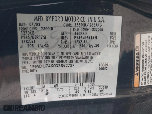 2003 Ford Explorer Eddie Bauer с VIN 1FMDU74K03ZB52737, выставлен на аукционе IAAI как лот 42682725 с пробегом 148 758 миль миль и . История ставок и продаж доступна на DreamBid. Изображение 9.