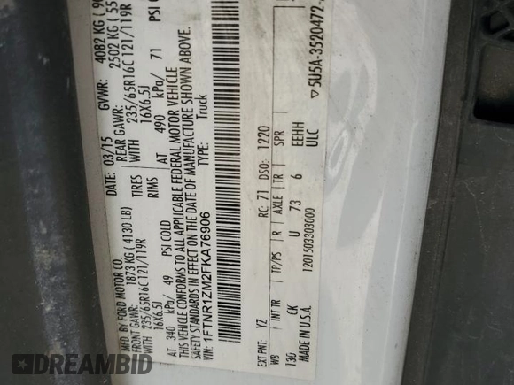 2015 Ford Transit Cargo with VIN 1FTNR1ZM2FKA76906, listed as a Copart auction lot 67441514 with 264,616 mi miles and Salvage Title. Bid and sale history available at DreamBid. Image 15.