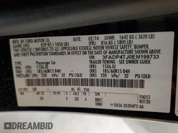2014 Ford Fiesta S с VIN 3FADP4TJ0EM199733, выставлен на аукционе Copart как лот 55895215 с пробегом 121 506 миль миль и Чистый • Clean title. История ставок и продаж доступна на DreamBid. Изображение 13.