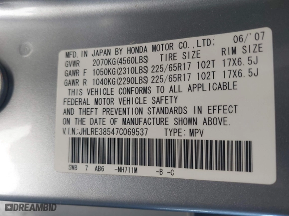 2007 Honda CR-V EX with VIN JHLRE38547C069537, listed as a IAAI auction lot 41685271 with 87,954 mi miles. Bid and sale history available at carsss.com. Image 9.