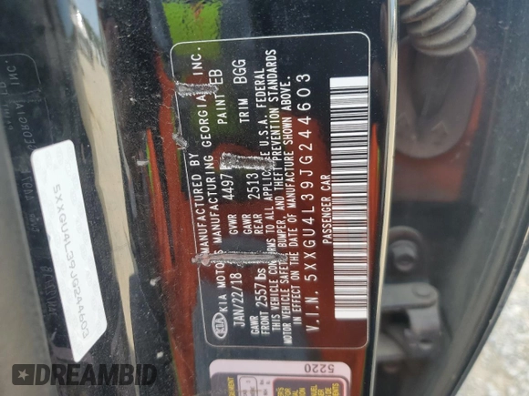 2018 Kia Optima EX with VIN 5XXGU4L39JG244603, listed as a Copart auction lot 60229675 with 123,677 mi miles and Salvage title. Bid and sale history available at DreamBid. Image 12.