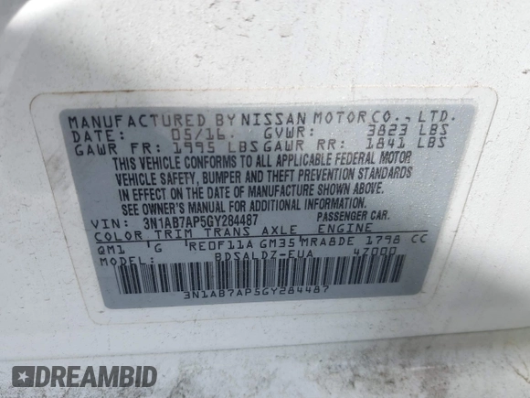 2016 Nissan Sentra SV with VIN 3N1AB7AP5GY284487, listed as a IAAI auction lot 42132677 with Not Provided miles and . Bid and sale history available at DreamBid. Image 9.