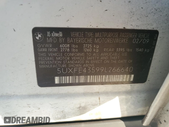 2009 BMW X5 30i with VIN 5UXFE43599L266640, listed as a Copart auction lot 89129815 with 190,044 mi miles and Salvage Title. Bid and sale history available at carsss.com. Image 15.