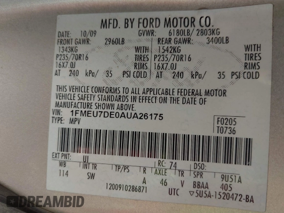 2010 Ford Explorer XLT with VIN 1FMEU7DE0AUA26175, listed as a IAAI auction lot 42608150 with 147,753 mi miles and . Bid and sale history available at DreamBid. Image 9.