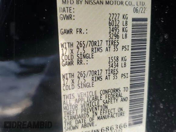 2022 Nissan Frontier Pro-4X z VIN 1N6ED1EK4NN686366, wystawiony jako Copart lot #46265815 z przebiegiem 50 753 mil mil oraz Szkoda całkowita • Salvage title. Historia ofert i sprzedaży dostępna na DreamBid. Obrazek 15.