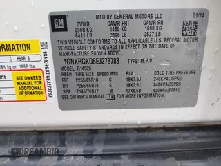 2014 Chevrolet Traverse LT with VIN 1GNKRGKD6EJ273783, listed as a IAAI auction lot 42103544 with 107,179 mi miles and . Bid and sale history available at DreamBid. Image 9.