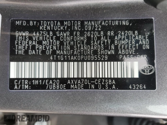 2023 Toyota Camry SE with VIN 4T1G11AK0PU095529, listed as a Copart auction lot 50646675 with 17,240 mi miles and Salvage Title. Bid and sale history available at carsss.com. Image 12.