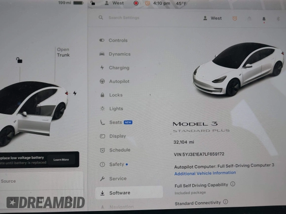 2020 Tesla Model 3 Standard Range Plus with VIN 5YJ3E1EA7LF659172, listed as a IAAI auction lot 42017026 with 32,104 mi miles. Bid and sale history available at carsss.com. Image 7.