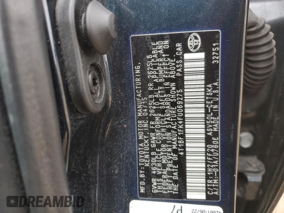 2015 Toyota Camry XLE with VIN 4T1BF1FK4FU069275, listed as a Copart auction lot 51113175 with 83,099 mi miles and Salvage Title. Bid and sale history available at carsss.com. Image 14.