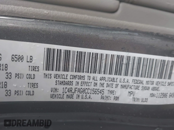 2012 Jeep Grand Cherokee Laredo with VIN 1C4RJFAG0CC156545, listed as a IAAI auction lot 41909296 with 170,033 mi miles. Bid and sale history available at carsss.com. Image 9.