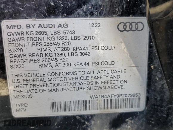 2023 Audi SQ5 Premium Plus with VIN WA1B4AFY9P2079953, listed as a Copart auction lot 61446414 with 37,100 mi miles and Salvage Title. Bid and sale history available at carsss.com. Image 12.