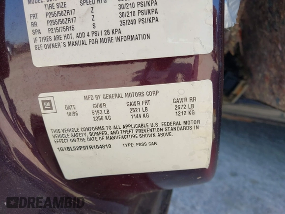 1996 Chevrolet Caprice 1SA Special Value with VIN 1G1BL52P9TR184810, listed as a IAAI auction lot 41831242 with Not provided miles and . Bid and sale history available at DreamBid. Image 9.