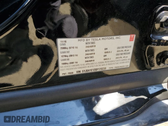 2016 Tesla Model S 70 with VIN 5YJSA1E12GF170238, listed as a Copart auction lot 60258355 with 47,163 mi miles and Salvage title. Bid and sale history available at DreamBid. Image 13.