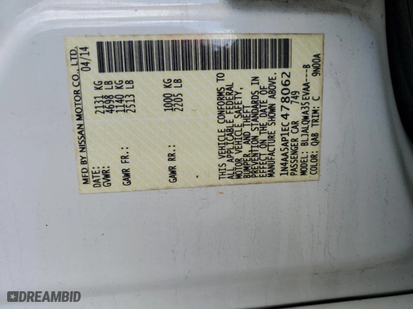 2014 Nissan Maxima 3.5 SV w/Premium Pkg with VIN 1N4AA5AP1EC478062, listed as a Copart auction lot 44569155 with 176,284 mi miles and Salvage Title. Bid and sale history available at carsss.com. Image 12.