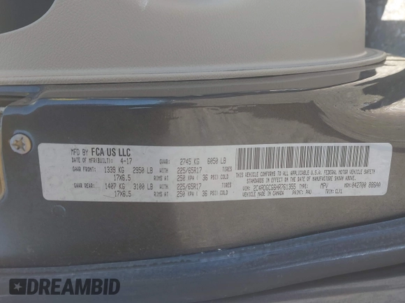 2017 Dodge Grand Caravan SXT with VIN 2C4RDGCG6HR761355, listed as a IAAI auction lot 42204577 with 115,282 mi miles and . Bid and sale history available at DreamBid. Image 9.