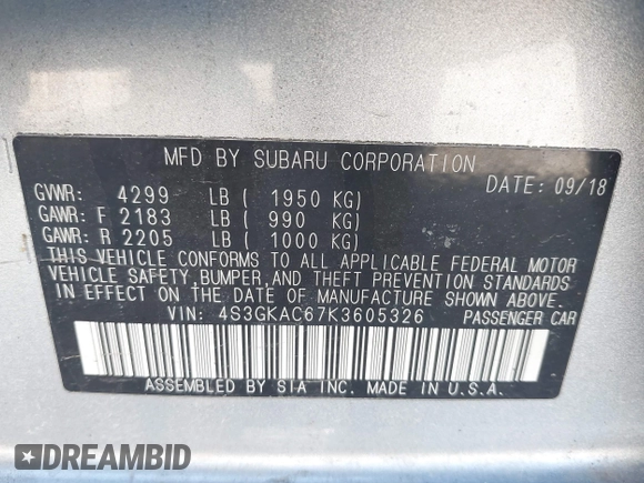 2019 Subaru Impreza Premium с VIN 4S3GKAC67K3605326, выставлен на аукционе IAAI как лот 41883752 с пробегом 52 891 миль миль и . История ставок и продаж доступна на DreamBid. Изображение 9.