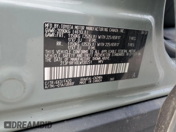 2020 Toyota RAV4 XLE with VIN 2T3P1RFV0LW130251, listed as a Copart auction lot 60625775 with 82,985 mi miles and Salvage title. Bid and sale history available at DreamBid. Image 13.