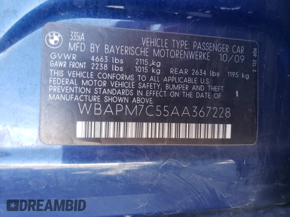 2010 BMW 3 Series 335i with VIN WBAPM7C55AA367228, listed as a Copart auction lot 85376264 with 173,784 mi miles and Clean title. Bid and sale history available at DreamBid. Image 12.