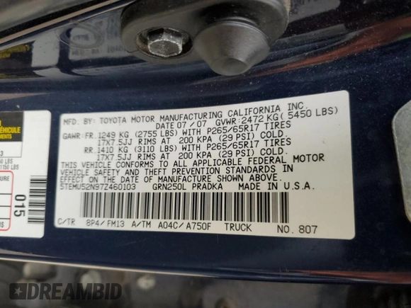2007 Toyota Tacoma z VIN 5TEMU52N97Z460103, wystawiony jako Copart lot #45775635 z przebiegiem 241 146 mil mil oraz Szkoda całkowita • Salvage title. Historia ofert i sprzedaży dostępna na DreamBid. Obrazek 13.