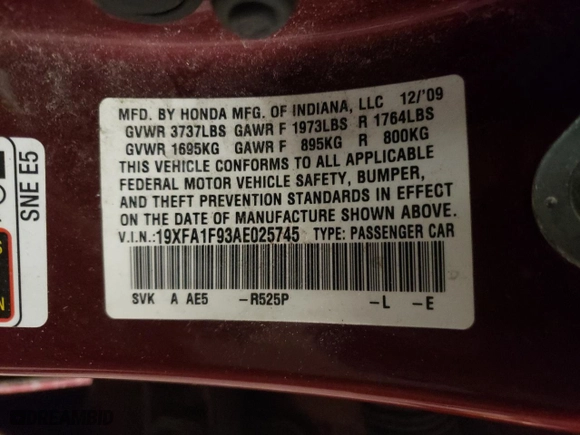 2010 Honda Civic Sdn EX-L with VIN 19XFA1F93AE025745, listed as a Copart auction lot 45991795 with 366,282 mi miles and Salvage Title. Bid and sale history available at carsss.com. Image 12.