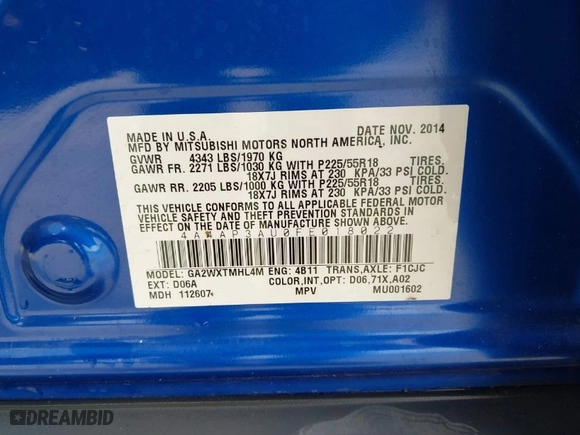 2015 Mitsubishi Outlander Sport ES with VIN 4A4AP3AU0FE018022, listed as a IAAI auction lot 41957390 with 110,725 mi miles. Bid and sale history available at carsss.com. Image 9.