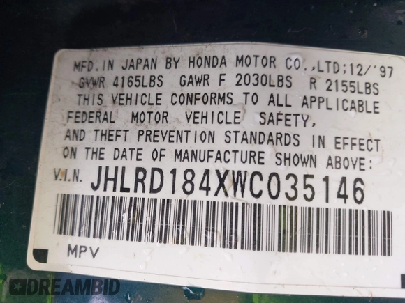 1998 Honda CR-V LX with VIN JHLRD184XWC035146, listed as a IAAI auction lot 41942656 with 261,767 mi miles. Bid and sale history available at carsss.com. Image 9.