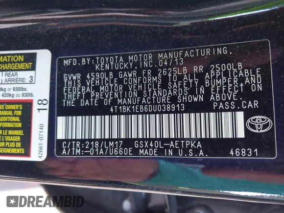 2013 Toyota Avalon XLE with VIN 4T1BK1EB6DU038913, listed as a IAAI auction lot 42030660 with 151,691 mi miles and . Bid and sale history available at DreamBid. Image 9.