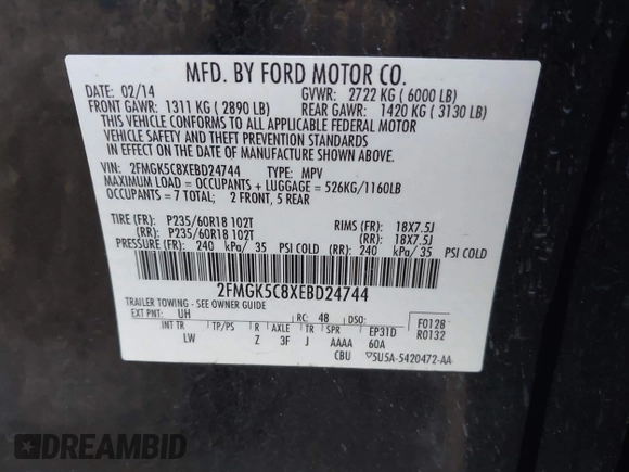 2014 Ford Flex SEL z VIN 2FMGK5C8XEBD24744, wystawiony jako IAAI lot #42365734 z przebiegiem 209 904 mil mil oraz . Historia ofert i sprzedaży dostępna na DreamBid. Obrazek 9.