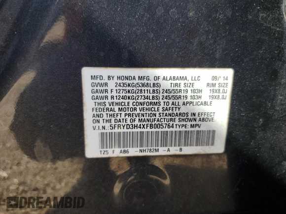 2015 Acura MDX Technology with VIN 5FRYD3H4XFB005764, listed as a Copart auction lot 60278975 with 135,959 mi miles and Non repairable. Bid and sale history available at DreamBid. Image 13.