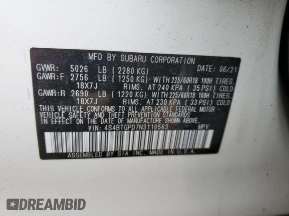 2022 Subaru Outback Touring XT with VIN 4S4BTGPD7N3110563, listed as a Copart auction lot 49061095 with 44,340 mi miles and Salvage title. Bid and sale history available at DreamBid. Image 13.