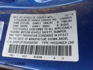 2018 Honda Civic EX с VIN 2HGFC2F76JH552764, выставлен на аукционе IAAI как лот 40946970 с пробегом 14 миль миль и . История ставок и продаж доступна на DreamBid. Изображение 9.