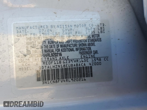 2024 Nissan Versa SR z VIN 3N1CN8FV4RL920216, wystawiony jako Copart lot #56881115 z przebiegiem 6 568 mil mil oraz Szkoda całkowita • Salvage title. Historia ofert i sprzedaży dostępna na DreamBid. Obrazek 12.