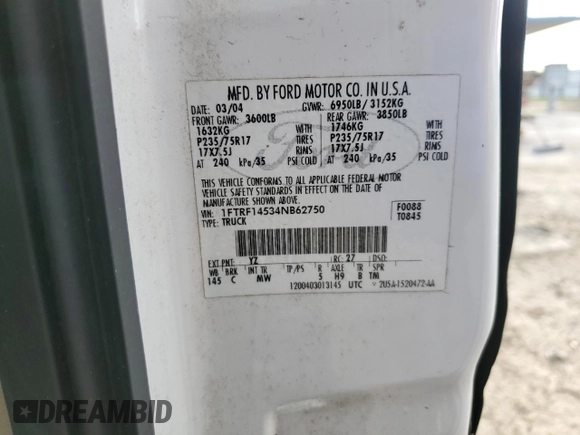 2004 Ford F-150 XL with VIN 1FTRF14534NB62750, listed as a Copart auction lot 78842194 with Not Provided miles and Salvage Title. Bid and sale history available at DreamBid. Image 13.