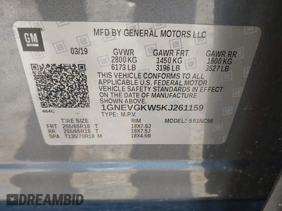 2019 Chevrolet Traverse LT Cloth with VIN 1GNEVGKW5KJ261159, listed as a IAAI auction lot 41745756 with 116,537 mi miles. Bid and sale history available at carsss.com. Image 9.