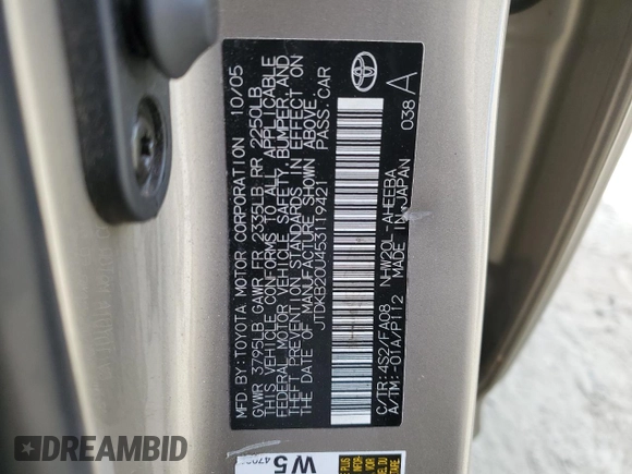 2005 Toyota Prius with VIN JTDKB20U453119421, listed as a Copart auction lot 53075915 with 258,713 mi miles and Salvage Title. Bid and sale history available at DreamBid. Image 12.