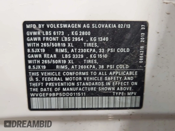 2013 Volkswagen Touareg Lux with VIN WVGEF9BP5DD011511, listed as a IAAI auction lot 41608840 with 167,350 mi miles and . Bid and sale history available at DreamBid. Image 9.