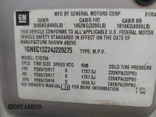 2004 Chevrolet Tahoe LT z VIN 1GNEC13Z24J220275, wystawiony jako IAAI lot #42142833 z przebiegiem 271 725 mil mil oraz . Historia ofert i sprzedaży dostępna na DreamBid. Obrazek 9.