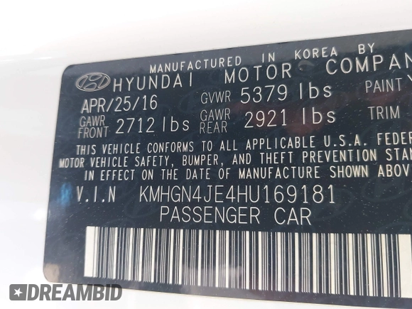 2017 Genesis G80 3.8L with VIN KMHGN4JE4HU169181, listed as a IAAI auction lot 41991011 with 78,470 mi miles. Bid and sale history available at carsss.com. Image 9.