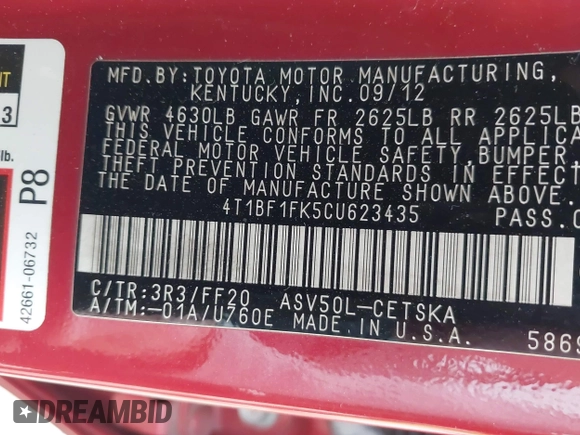 2012 Toyota Camry L with VIN 4T1BF1FK5CU623435, listed as a IAAI auction lot 41982928 with 114,914 mi miles and . Bid and sale history available at DreamBid. Image 9.