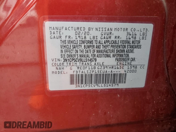 2020 Nissan Kicks SV z VIN 3N1CP5CV9LL514579, wystawiony jako Copart lot #51285935 z przebiegiem 42 882 mil mil oraz Czysty tytuł • Clean title. Historia ofert i sprzedaży dostępna na DreamBid. Obrazek 12.