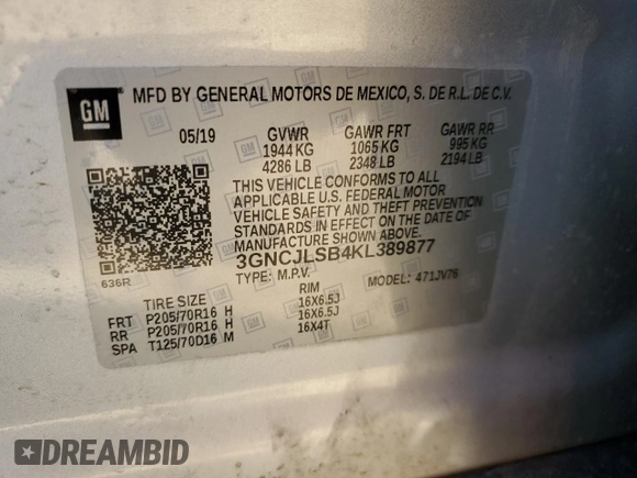 2019 Chevrolet Trax LT z VIN 3GNCJLSB4KL389877, wystawiony jako Copart lot #45202175 z przebiegiem 35 394 mil mil oraz Szkoda całkowita • Salvage title. Historia ofert i sprzedaży dostępna na DreamBid. Obrazek 15.