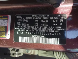 2012 Kia Optima EX with VIN 5XXGN4A65CG054990, listed as a IAAI auction lot 41668971 with 192,853 mi miles and . Bid and sale history available at carsss.com. Image 9.